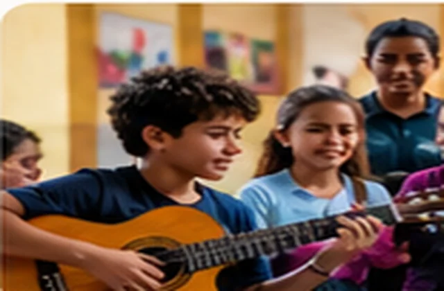 Crianças tocando violão em projeto cultural de Adolfo