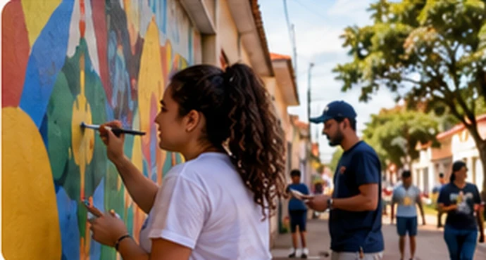 Voluntários pintando mural no centro de Adolfo
